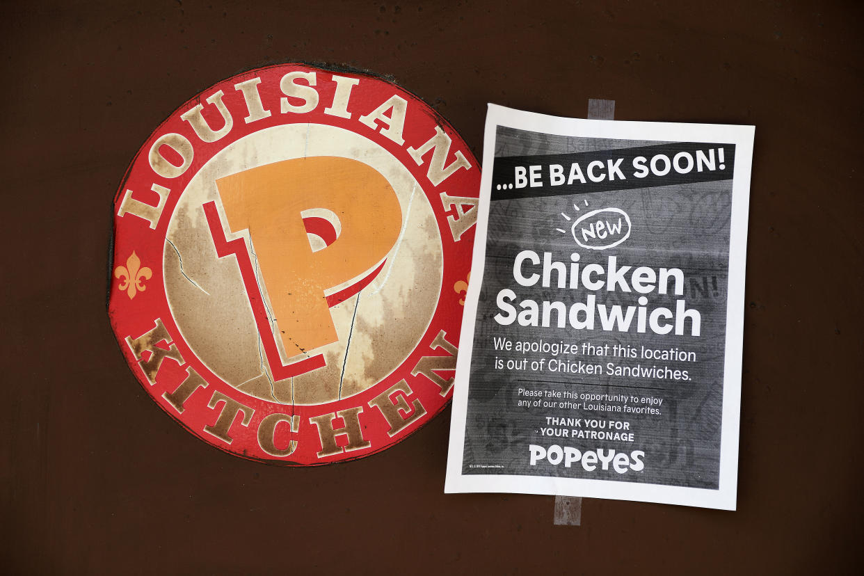 Sold out hangs at the Popeyes on Brookline Avenue in Boston, US. Photo: Pat Greenhouse/The Boston Globe via Getty Images