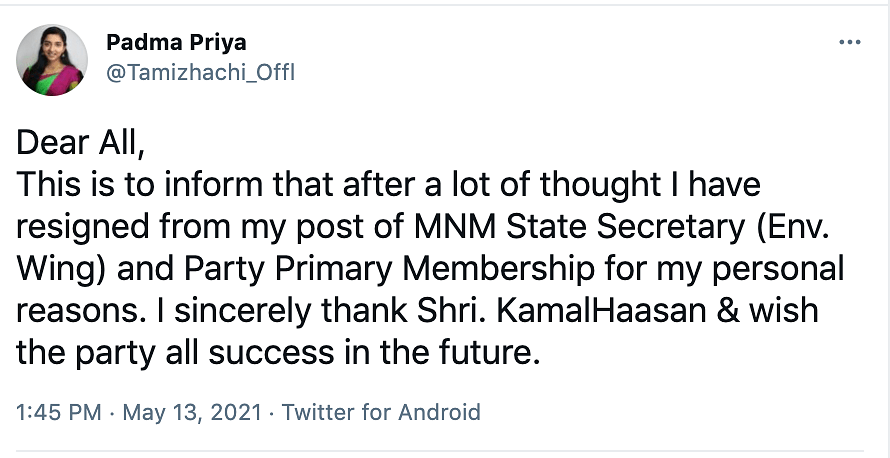 Screenshot of Padma Priya’s tweet.