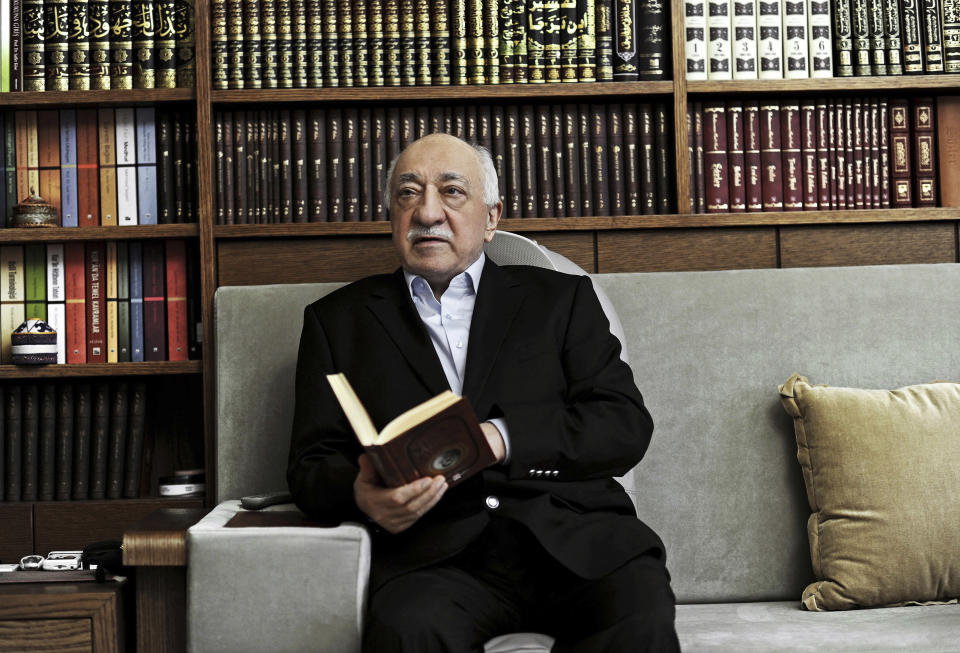 FILE – In this March 15, 2014 file photo, Turkish Muslim cleric Fethullah Gulen, sits at his residence in Saylorsburg, Pennsylvania, United States. Followers of the Gulen movement in Germany have received several death threats since the aborted military coup in Turkey. (AP Photo/Selahattin Sevi, File)