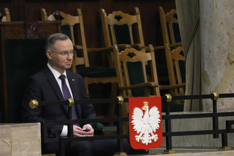 Poland's President Andrzej Duda attends the first session of the lower house, or Sejm, of the newly-elected parliament in Warsaw, Poland, Monday Nov. , 13, 2023 after an election last month heralded a change of course for the Central European nation at a time of war across the border in Ukraine. Also Monday, Duda is to attend the first session of the Senate and entrust outgoing Prime Minister Mateusz Morawiecki with the mission of forming a new government, a task generally expected to fail because after the election Morawiecki's party lacks parliament majority . (AP Photo/Czarek Sokolowski)