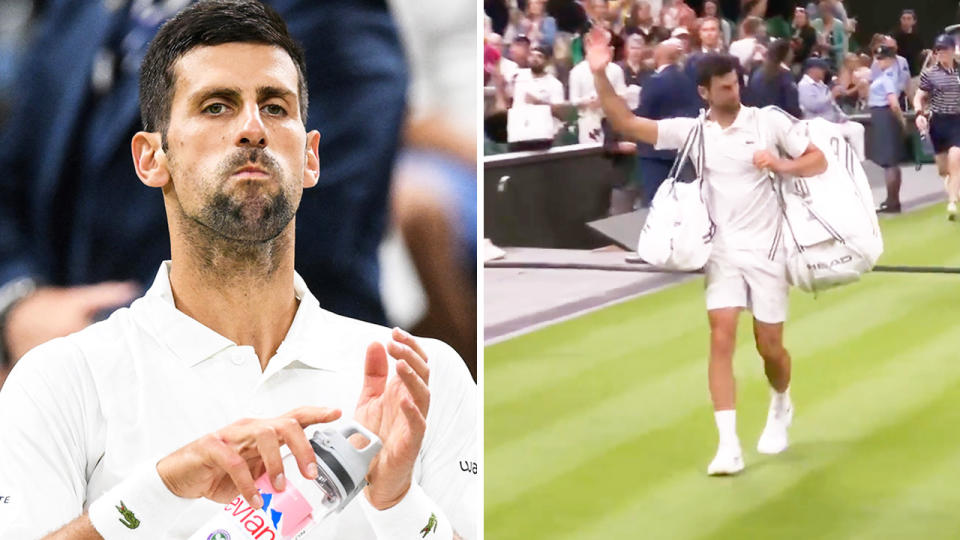 Novak Djokovic taking a drink and Djokovic walking off Wimbledon centre court.