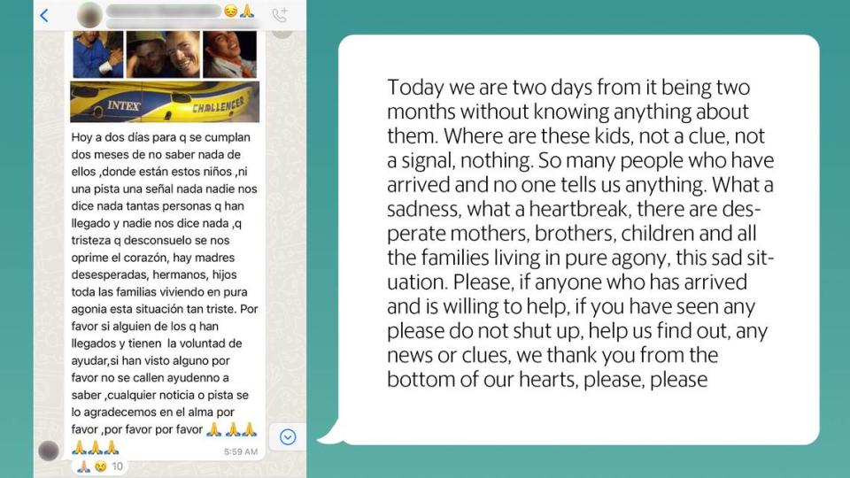 Capturas de pantalla de WhatsApp traducidas de miembros de la familia que están buscando a sus seres queridos después de que desaparecieron durante los viajes en barco de migrantes de Cuba a los Estados Unidos. raquel mango