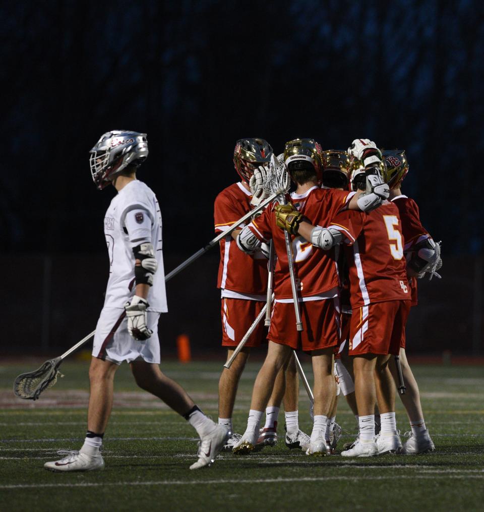 Don Bosco played Bergen Catholic at home in lacrosse on Tuesday, April 2, 2019. Bergen Catholic celebrate after scoring a goal.