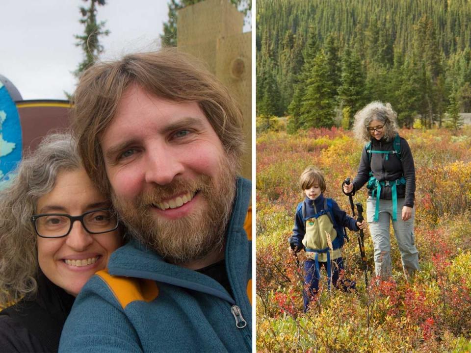 Side by side images of a woman and her husband taking a selfie and the same woman hiking with her child.