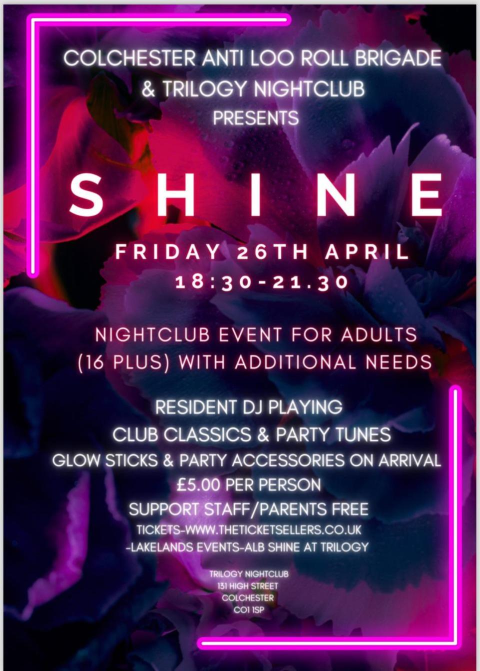 Gazette: Shine - The official nightclub night name 'Shine' was chosen as the event is the turn for adults with additional needs to shine on the dance floor