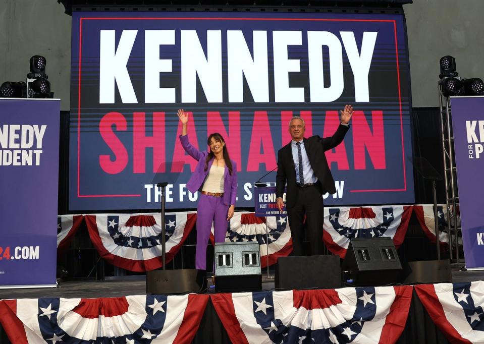 Nicole Shanahan (left) and Robert F Kennedy Jr (right) appear to be at odds on abortion policy as they run as an independent presidential ticket (Getty Images)