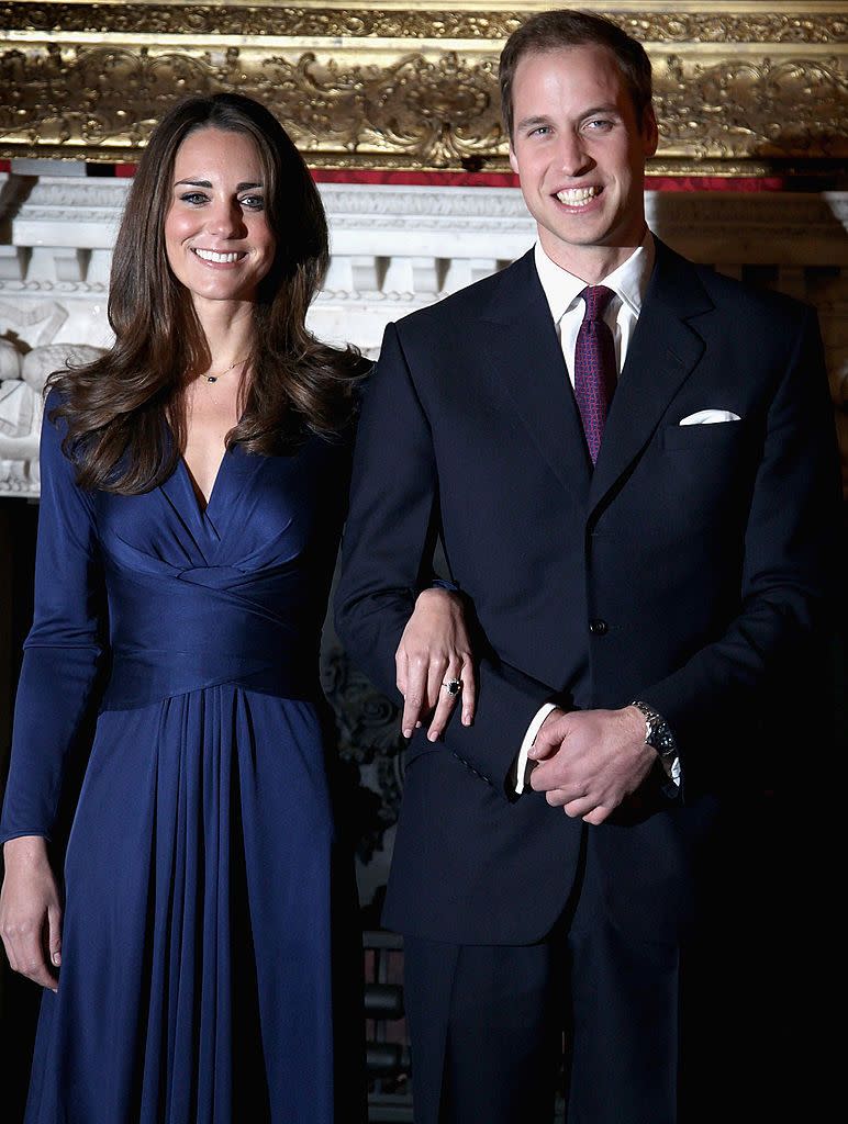 <p>Prince William proposes to Kate Middleton with his mother's famous sapphire-and-diamond ring on October 20. They make the official announcement in an appearance on November 16. </p>