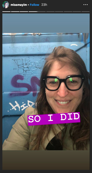 “So I did,” she wrote on a photo of the seemingly well-used porta-potty. (Image: Mayim Bialik via Instagram)