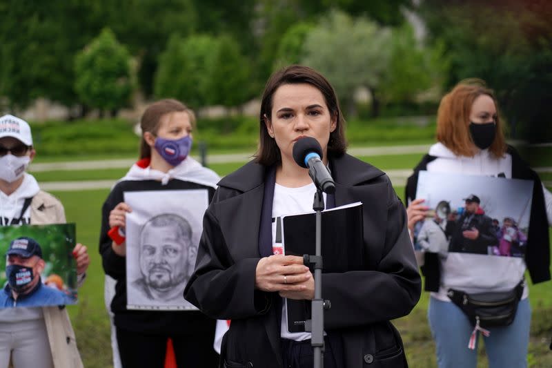 Exiled Belarusian opposition leader Tsikhanouskaya leads Vilnius march