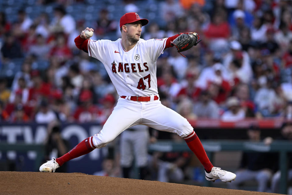 Los Angeles Angels starting pitcher Griffin Canning throws to a Detroit Tigers batter during the first inning of a baseball game in Anaheim, Calif., Friday, Sept. 15, 2023. (AP Photo/Alex Gallardo)