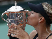 Russia's Maria Sharapova kisses her trophy trophy after winning against Italy's Sara Errani their Women's Singles final tennis match of the French Open tennis tournament at the Roland Garros stadium, on June 9, 2012 in Paris. AFP PHOTO / THOMAS COEXTHOMAS COEX/AFP/GettyImages
