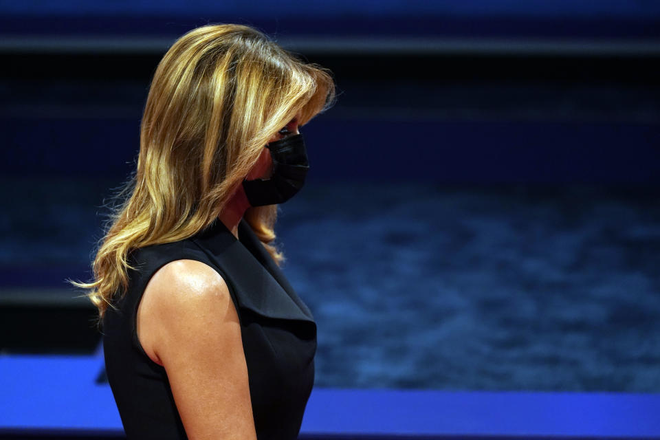 First lady Melania Trump arrives before the second and final presidential debate Thursday, Oct. 22, 2020, at Belmont University in Nashville, Tenn. (AP Photo/Patrick Semansky)