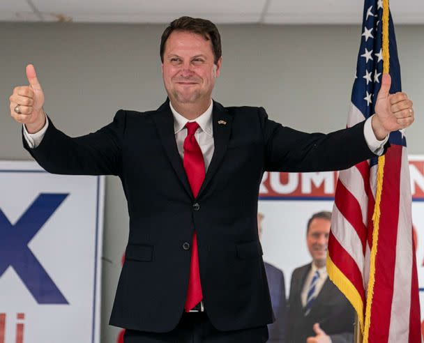 PHOTO: Dan Cox, a candidate for the Republican gubernatorial nomination, reacts to his primary win, July 19, 2022, in Emmitsburg, Md. (Nathan Howard/Getty Images, FILE)