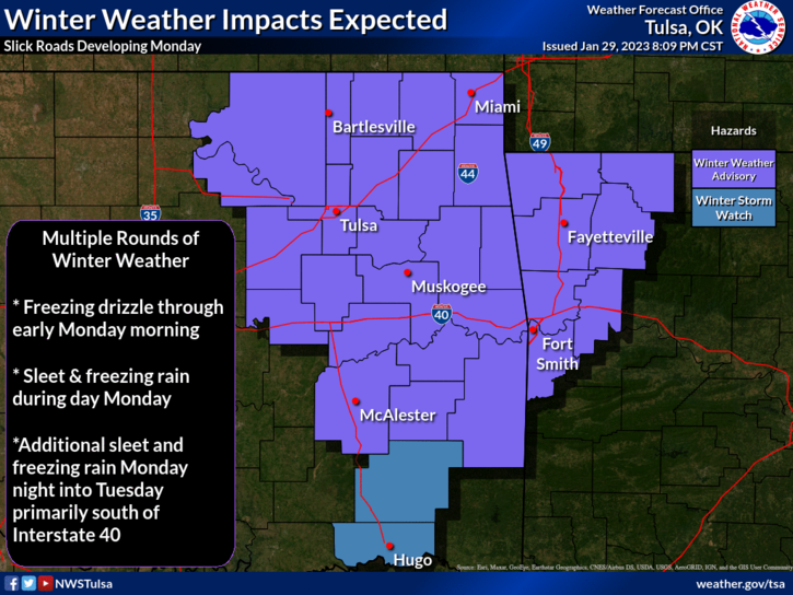 Icy roads will be a hazard through Wednesday morning in a wintry mix of weather in eastern Oklahoma and northwest Arkansas, the National Weather Service reported Monday, Jan. 30, 2023.