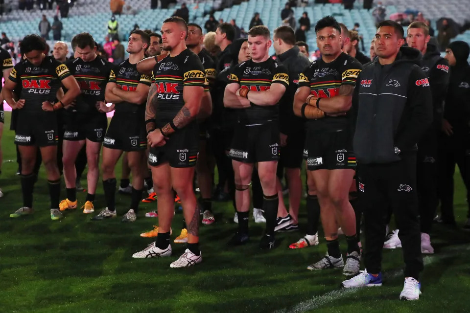 SYDNEY, AUSTRALIA - OCTOBER 25: Panthers players look on during the presentation following the 2020 NRL Grand Final match between the Penrith Panthers and the Melbourne Storm at ANZ Stadium on October 25, 2020 in Sydney, Australia. (Photo by Cameron Spencer/Getty Images)