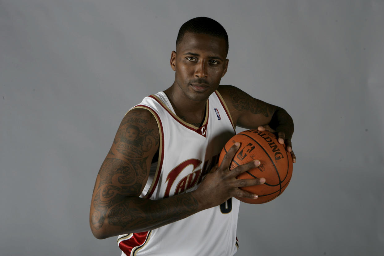 FILE - In this Sept. 29, 2008, file photo, Cleveland Cavaliers' Lorenzen Wright poses at the team's NBA basketball media day in Independence, Ohio. Sherra Wright is fighting an attempt by authorities to extradite her from California to Memphis, Tenn., to face conspiracy and first-degree murder charges in the 2010 death of her ex-husband, former NBA player Lorenzen Wright. (AP Photo/Mark Duncan, file)