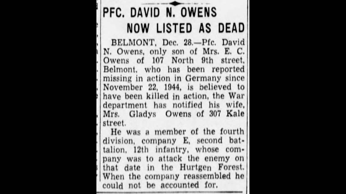 This newspaper clipping from Dec. 28, 1944, reports that World War II Army Pfc. David Owens, of Green Hill in Watauga County, was listed as dead.