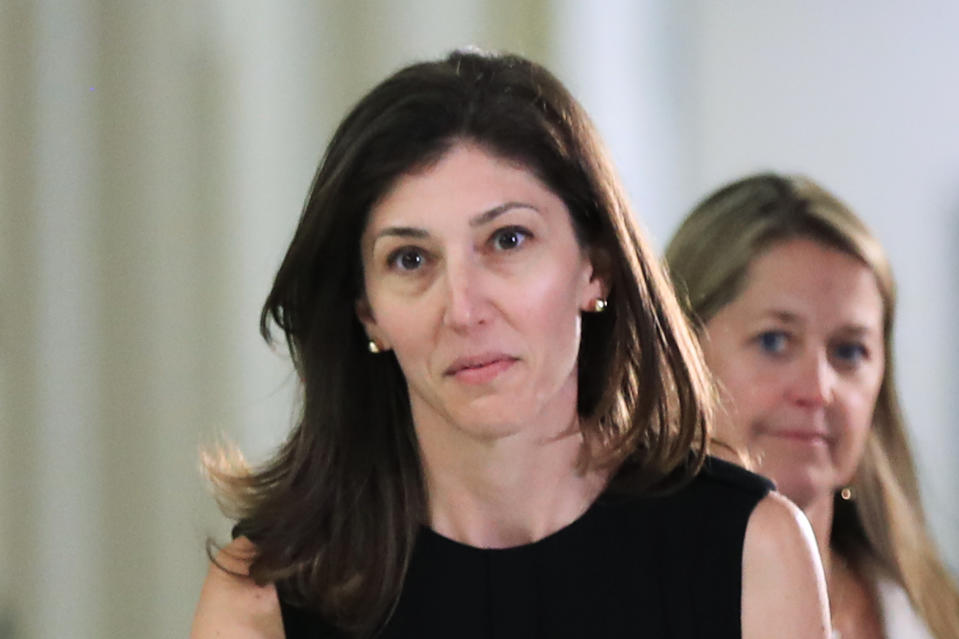 FILE - Former FBI lawyer Lisa Page leaves following an interview with lawmakers behind closed doors on Capitol Hill in Washington, July 13, 2018. Donald Trump is set to be questioned under oath as part of lawsuits from two former FBI employees who provoked the former president's outrage after sending each other pejorative text messages about him. (AP Photo/Manuel Balce Ceneta, File)