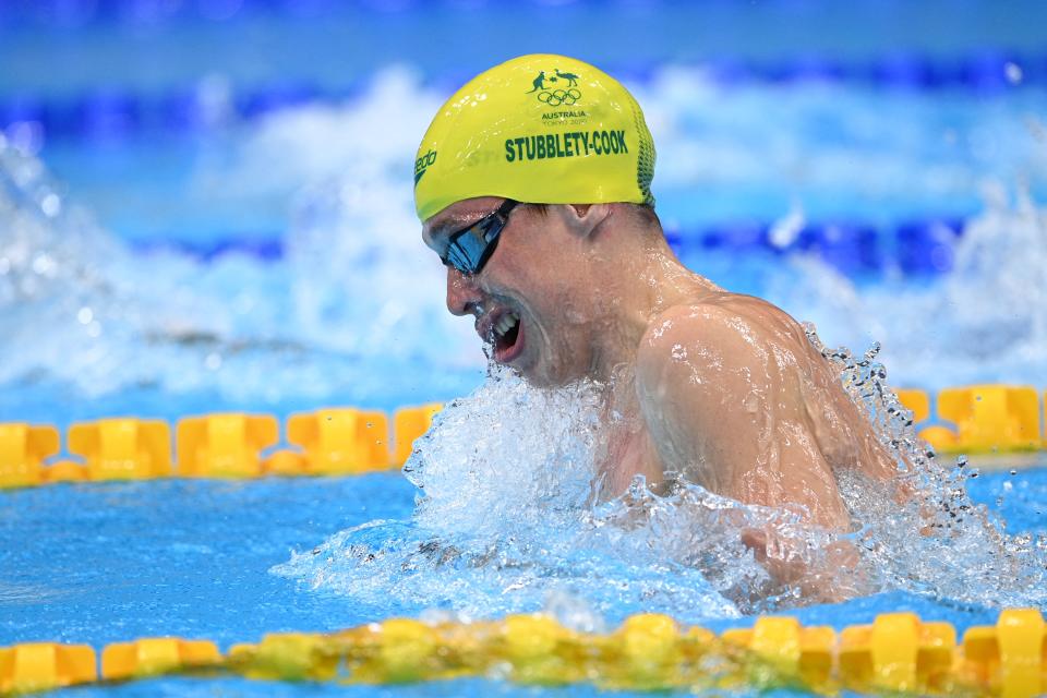 <p>Australia's Izaac Stubblety-Cook competes in a heat for the mixed 4x100m medley relay swimming event during the Tokyo 2020 Olympic Games at the Tokyo Aquatics Centre in Tokyo on July 29, 2021. (Photo by Oli SCARFF / AFP) (Photo by OLI SCARFF/AFP via Getty Images)</p> 