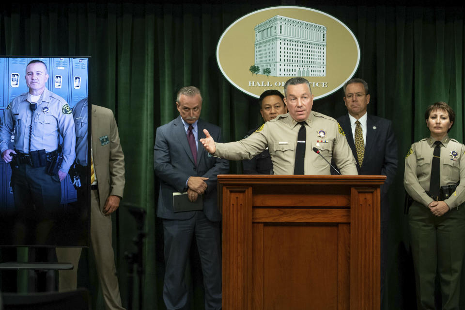 Los Angeles County Sheriff Alex Villanueva speaks during a news conference in Los Angeles on Tuesday, June 11, 2019. Rhett Nelson, 30, of St. George, Utah, was arrested Tuesday on suspicion of shooting an off-duty Los Angeles County sheriff’s deputy at a fast-food restaurant Monday, and authorities say they are investigating whether he may have killed another man an hour earlier in attacks that both appear to be random. (Sarah Reingewirtz/The Orange County Register via AP)