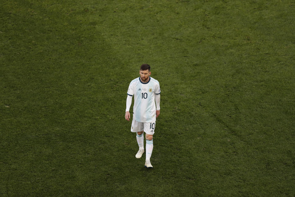 Argentina's Lionel Messi leaves the pitch after receiving the red card during the Copa America third-place soccer match against Chile at the Arena Corinthians in Sao Paulo, Brazil, Saturday, July 6, 2019. (AP Photo/Nelson Antoine)