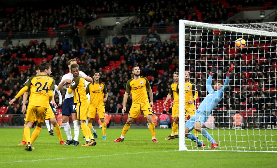 Tottenham’s Son Heung-Min (not in picture) scores his side’s second goal of the game against Brighton