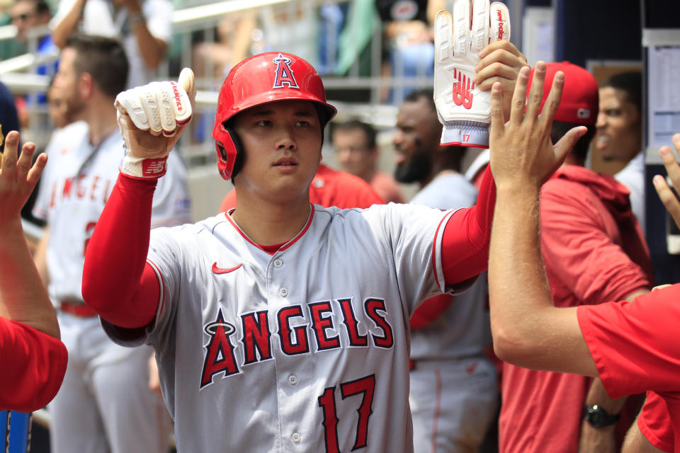 天使大谷翔平此役敲出2安打、1保送成績。（MLB Photo by Jeff Robinson/Icon Sportswire via Getty Images）
