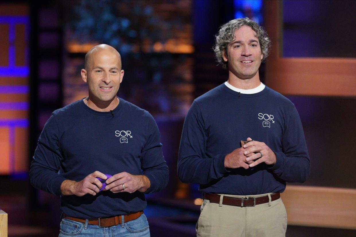 David Restiano, left and Dan Staats, founders of Brick-based Sorsoap, pitch their idea to the "Shark Tank" panel.