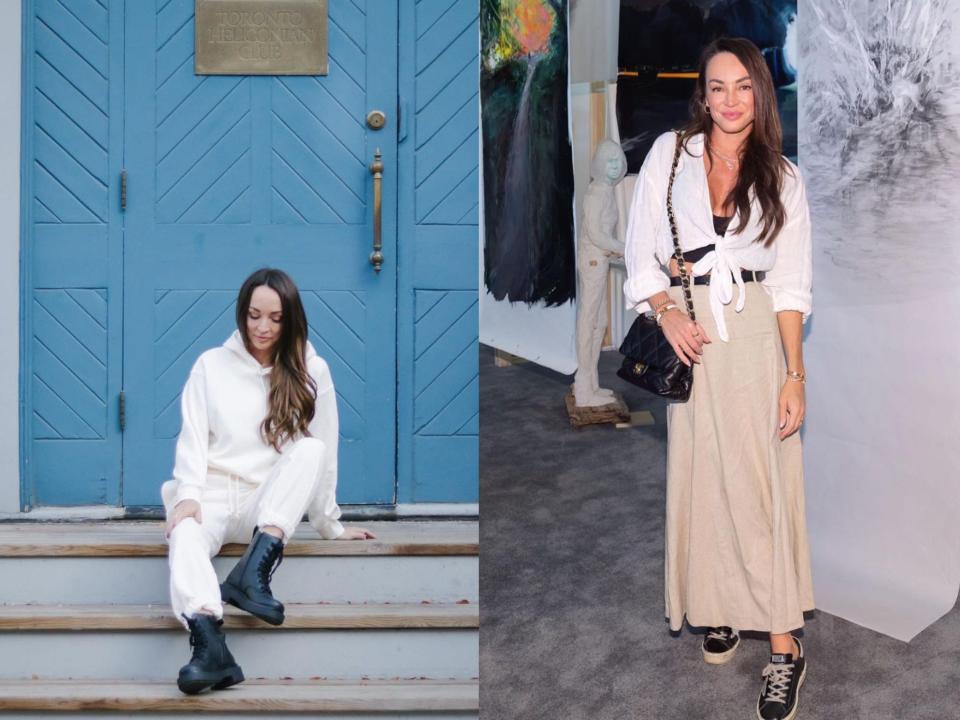 Two photos of the stylist in neutral-colored outfits