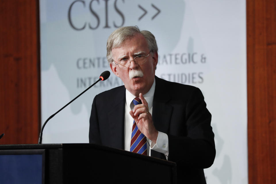 Former National security adviser John Bolton gestures while speaking at the Center for Strategic and International Studies in Washington, Monday, Sept. 30, 2019. (AP Photo/Pablo Martinez Monsivais)