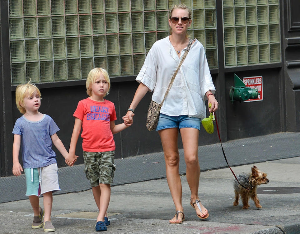 Naomi Watts and her sons walk their dog in New York