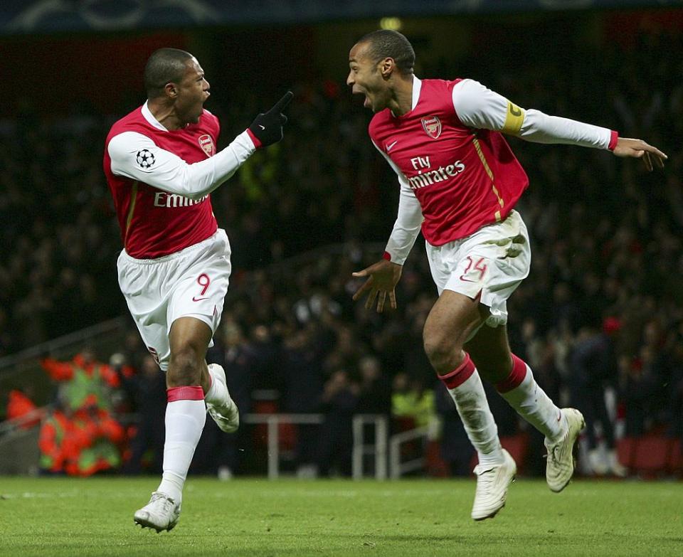 Julio Baptista of Arsenal celebrates with Thierry Henry of Arsenal (R) after Baptista scored during the UEFA Champions League Group G match between Arsenal and Hamburg SV at The Emirates Stadium on November 21, 2006 in London, England.