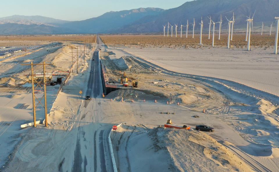 Indian Canyon Drive is frequently closed due to flooding and windblown sand, as in this photo from June 5, 2024.