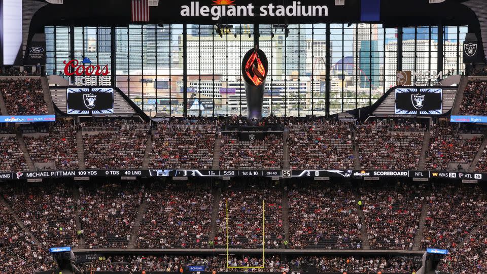 The Las Vegas Strip can be seen outside the lanai doors at Allegiant Stadium during a game on October 15, 2023, in Las Vegas, Nevada. - Ethan Miller/Getty Images/FILE