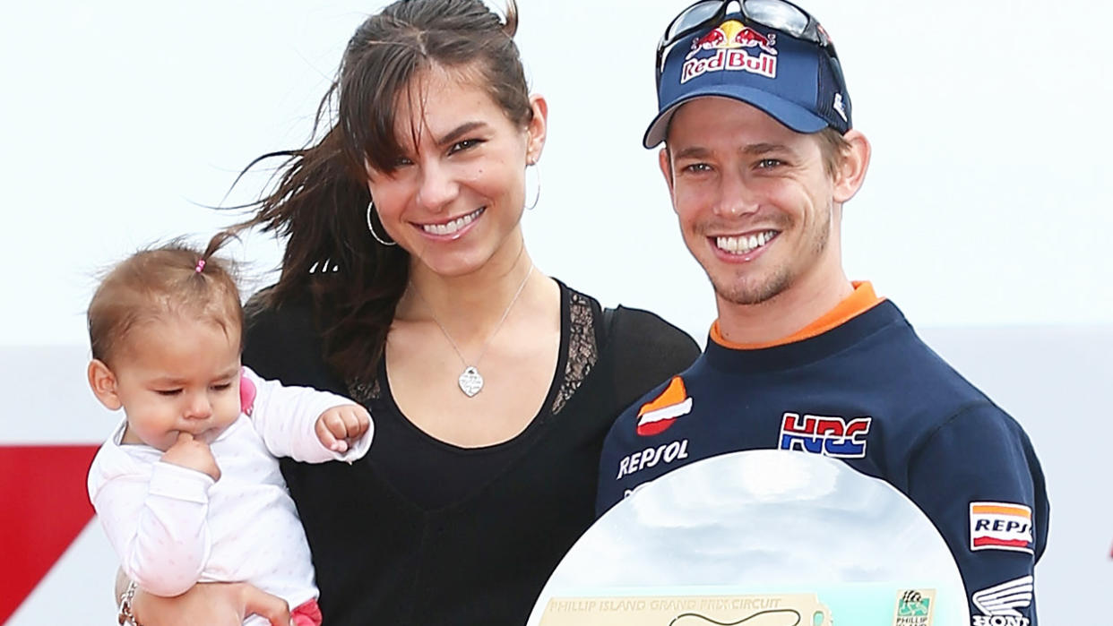 Casey Stoner, pictured here with his wife and daughter in 2012. 