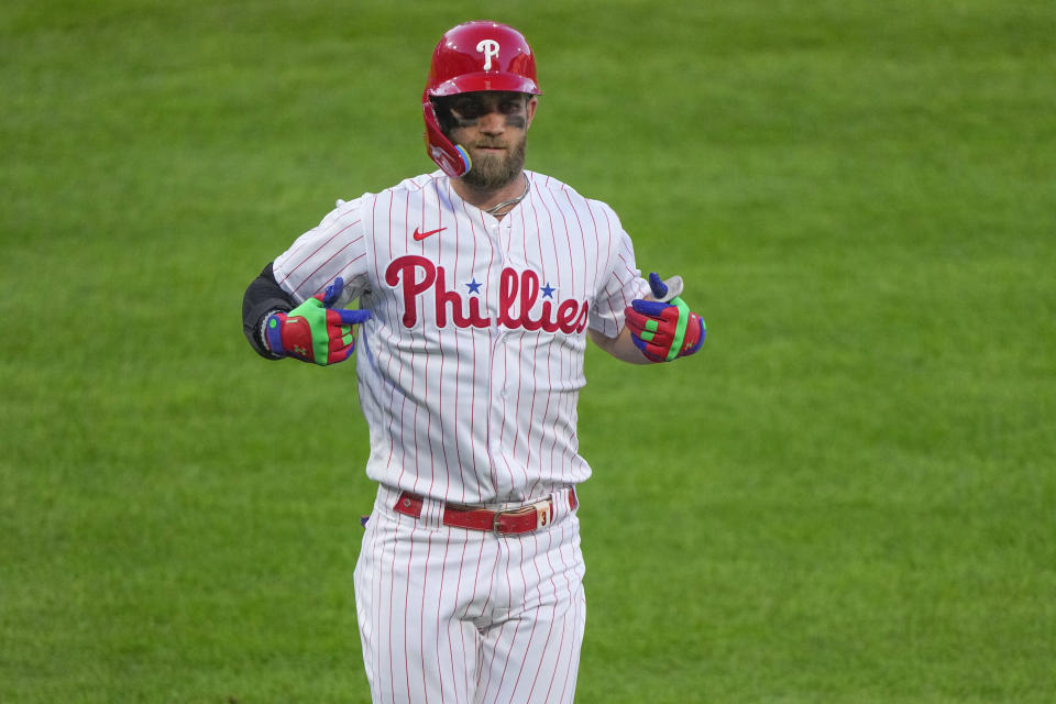 PHILADELPHIA, PA - OCTOBER 14: Philadelphia Phillies Designated Hitter Bryce Harper (3) reacts to hitting a home run during the third inning of Game 3 of the NLDS between the Atlanta Braves and the Philadelphia Phillies on October 14, 2022, at Citizens Bank Park in Philadelphia, PA. (Photo by Gregory Fisher/Icon Sportswire via Getty Images)