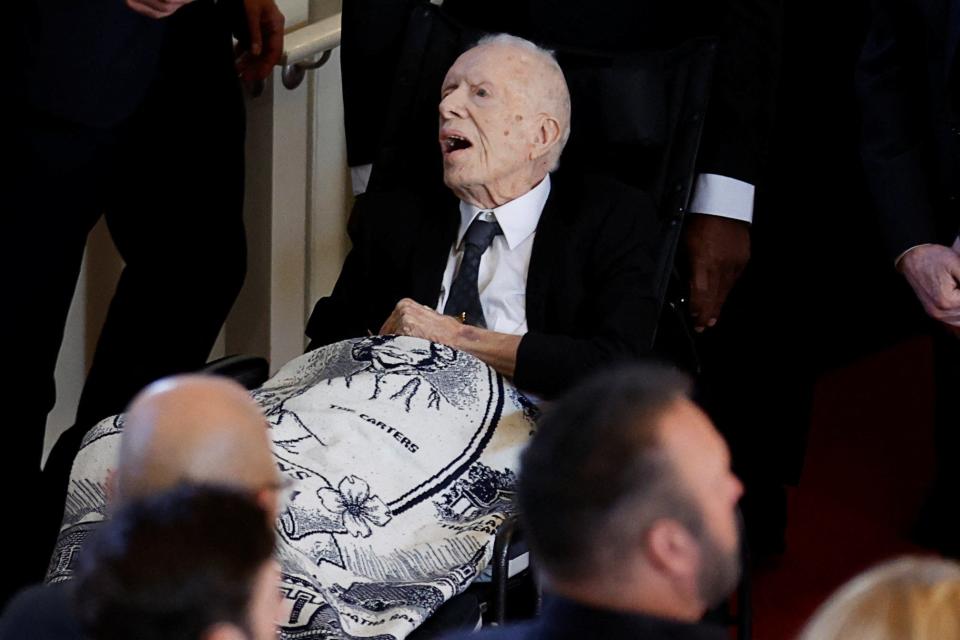 Former U.S. President Jimmy Carter attends a tribute service for his wife former first lady Rosalynn Carter, at Glenn Memorial Church in Atlanta, Georgia, U.S., November 28, 2023. (REUTERS)