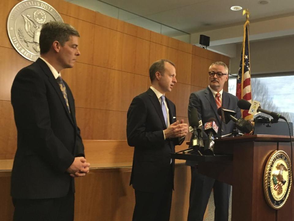 From left to right, Federal prosecutors Geoffrey Barrow, Ethan Knight, and U.S. Attorney for Oregon Billy Williams speak at a news conference in Portland, Ore., on Friday, March 10, 2017, following the conviction of two men of conspiracy to impede federal officers during last year's high-profile armed occupation of an Oregon wildlife refuge. Two other defendants were acquitted of the conspiracy charge but found guilty of deprivation of government property at Malheur National Wildlife Refuge. (AP Photo/Steven Dubois)