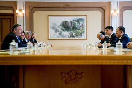 U.S. Secretary of State Mike Pompeo and North Korean Director of the United Front Department Kim Yong Chol meet at the Park Hwa Guest House in Pyongyang, North Korea, July 6, 2018. Andrew Harnik/Pool via REUTERS