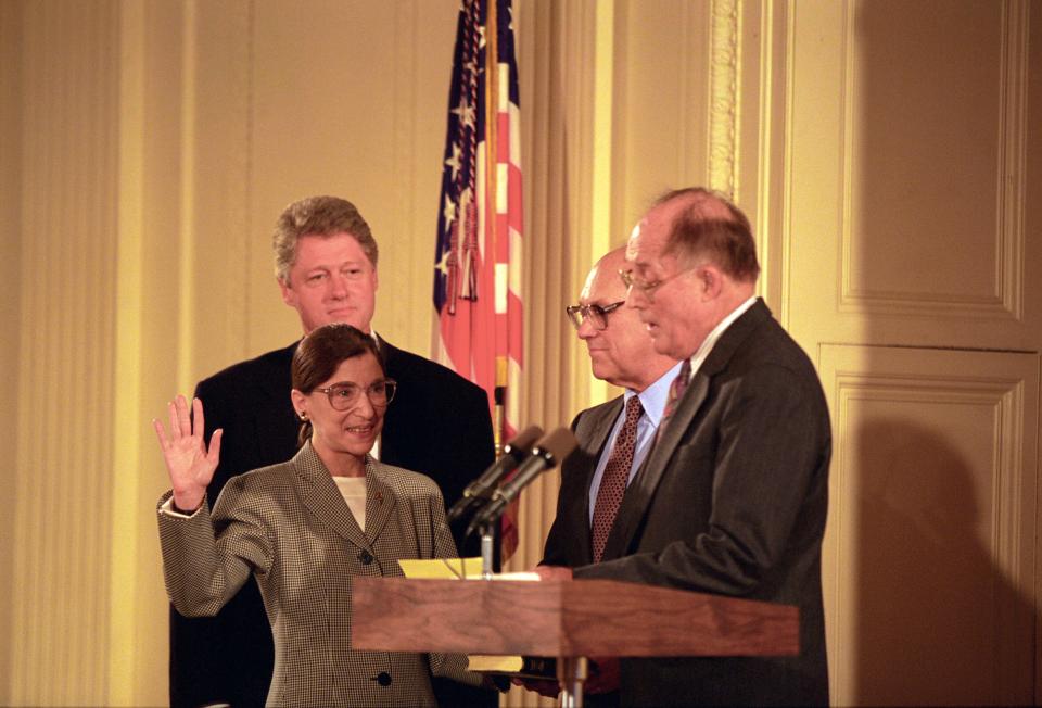 Chief Justice William Rehnquist Administers the Oath of Office to Judge Ruth Bader Ginsburg as Associate Supreme Court Justice at the White House, August 10, 1993.