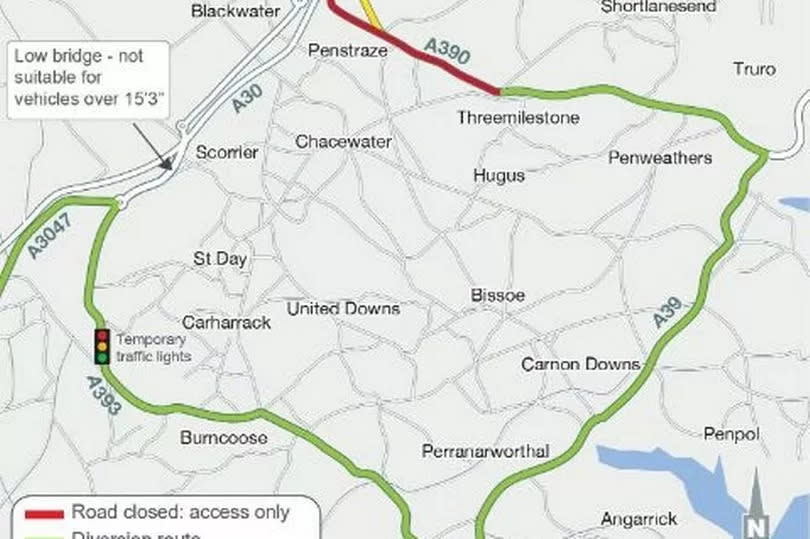 A lengthy diversion is in place for a small three-mile A390 road closure near Truro this week