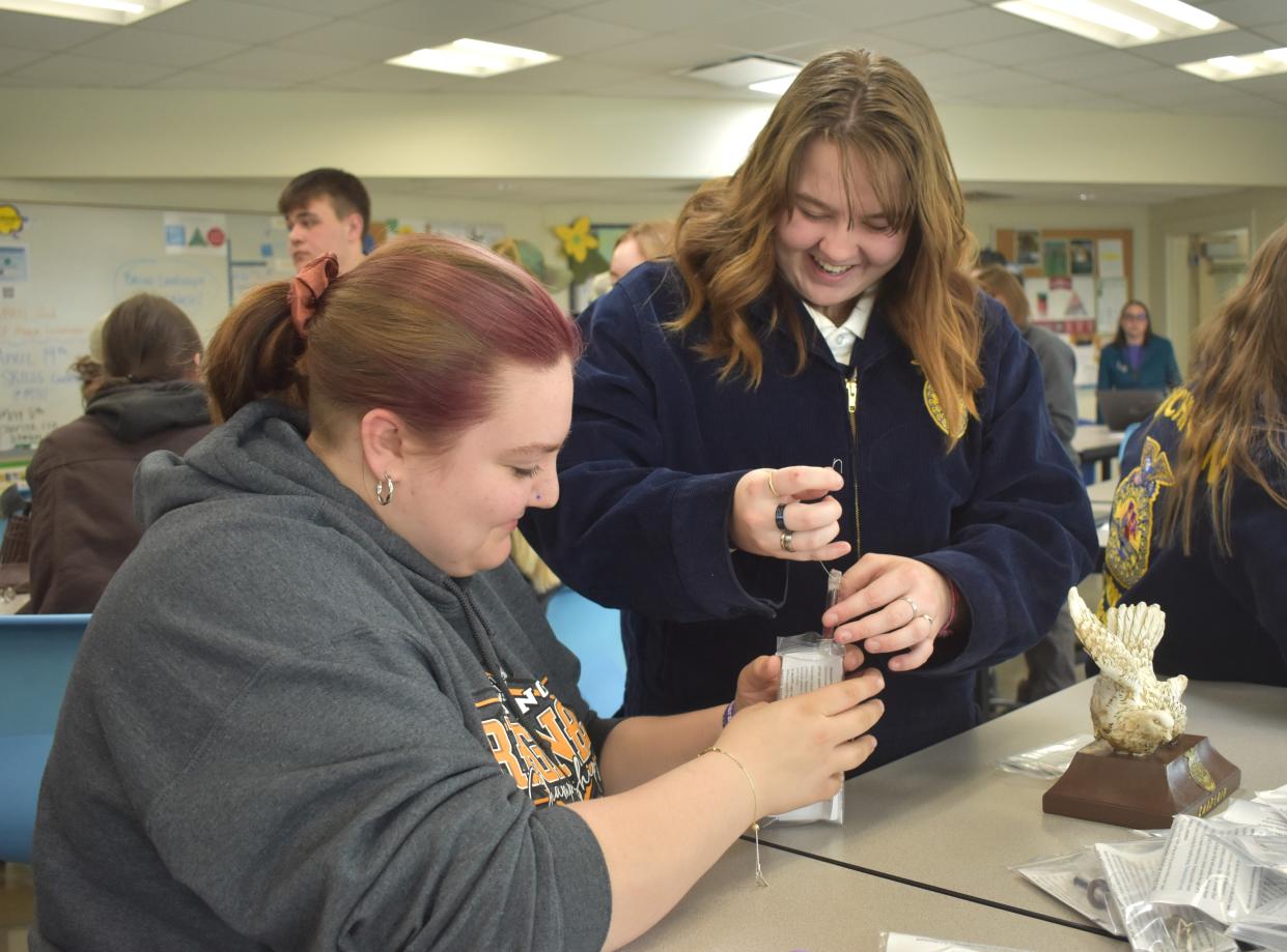 Jailyn Lahring, left, a senior at Adrian High School and a student enrolled in the Agri-Tech program at the Lenawee Intermediate School District (LISD) Tech Center and Abby Culbertson, right, a junior at Britton Deerfield Schools and a student in the Horticulture program at the LISD Tech Center work together on packaging individual bags containing one reusable Water Pasteurization Indicators, known by the acronym WAPI. The indicators are ow-cost thermometers that can serve as an essential tool for determining when water has reached its pasteurization temperature.