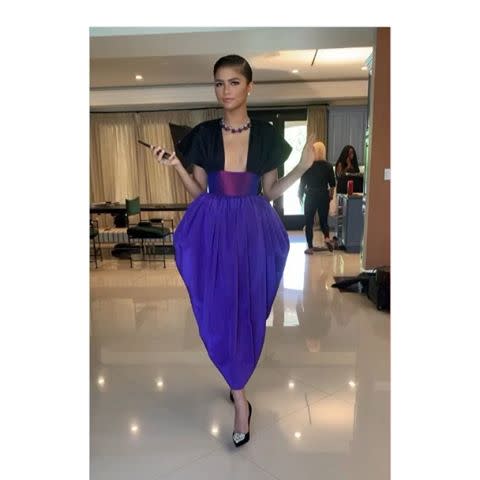 <p>Zendaya in a Christopher John Roger dress, Christian Louboutin shoes, and Bulgari jewellery. </p><p><a href="https://www.instagram.com/p/CFXyVryjsUS/" rel="nofollow noopener" target="_blank" data-ylk="slk:See the original post on Instagram;elm:context_link;itc:0;sec:content-canvas" class="link ">See the original post on Instagram</a></p>