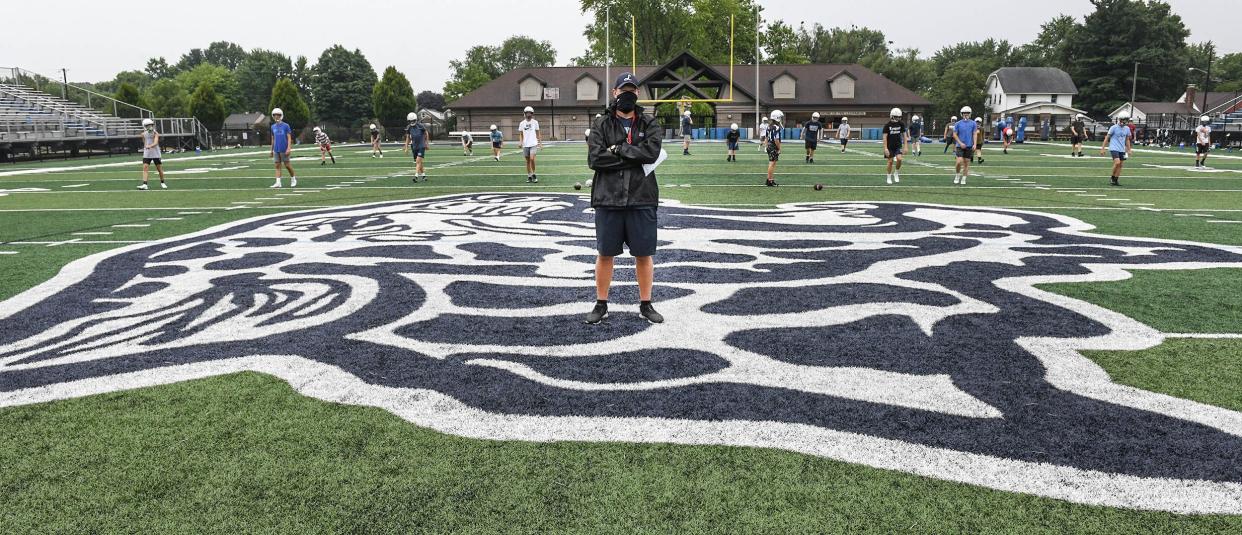 Troy Davis, Louisville Leopards first-year head coach runs the team's first practice leading up to the 2020 season. Photo taken Aug. 1, 2020.