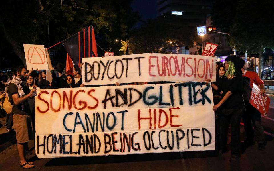 Protestors calling for the removal of Israel's blockade of Gaza, outside the Eurovision venue in Tel Aviv, 2019