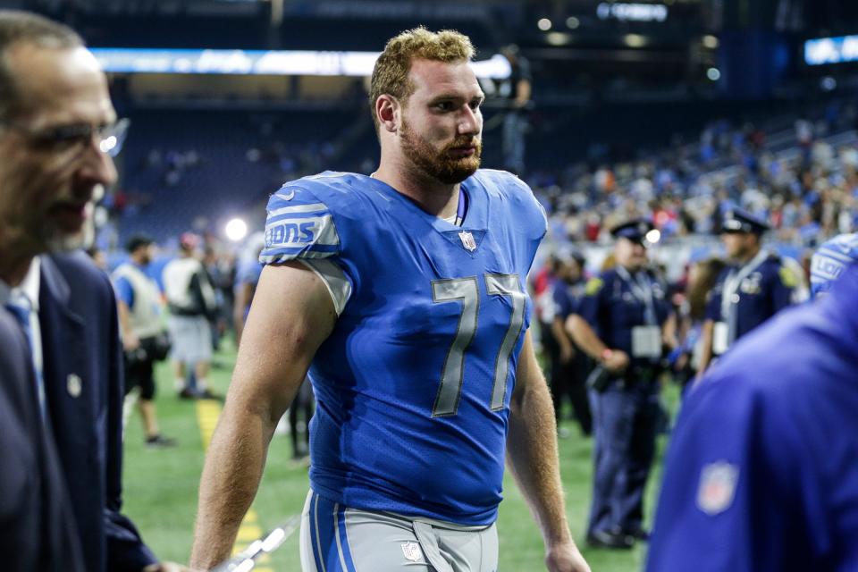 Detroit Lions guard Frank Ragnow walks off the field after the preseason game against New York Giants at Ford Field in Detroit, Aug. 17, 2018.