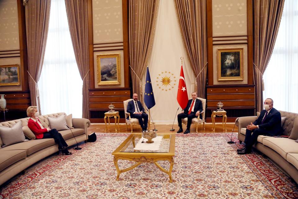 ANKARA, April 6, 2021 -- Turkish President Recep Tayyip Erdogan 2nd R meets with European Council President Charles Michel 2nd L and European Commission President Ursula von der Leyen 1st L in Ankara, Turkey, on April 6, 2021. Top officials of the European Union on Tuesday expressed readiness to work on concrete agenda with Turkey to push forward economy and migration cooperation between the two sides. (Photo by Mustafa Kaya/Xinhua via Getty) (Xinhua/Mustafa Kaya via Getty Images)