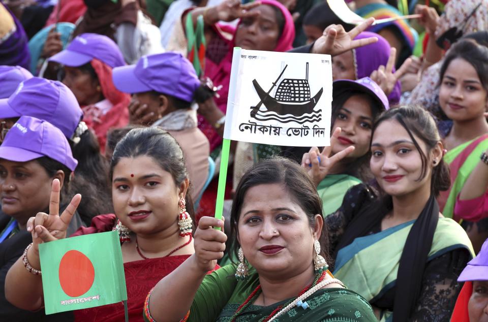 Supporters of the ruling Awami League party gather for an election campaign rally by Bangladesh's Prime Minister Sheikh Hasina, ahead of the upcoming national elections, in Sylhet, Bangladesh, Wednesday, Dec. 20, 2023. The country is gearing up for the Jan. 7 election, but opposition Bangladesh Nationalist Party led by former Prime Minister Khaleda Zia repeated its call on Wednesday to boycott the election. (AP Photo/Saiful Islam Kallal)