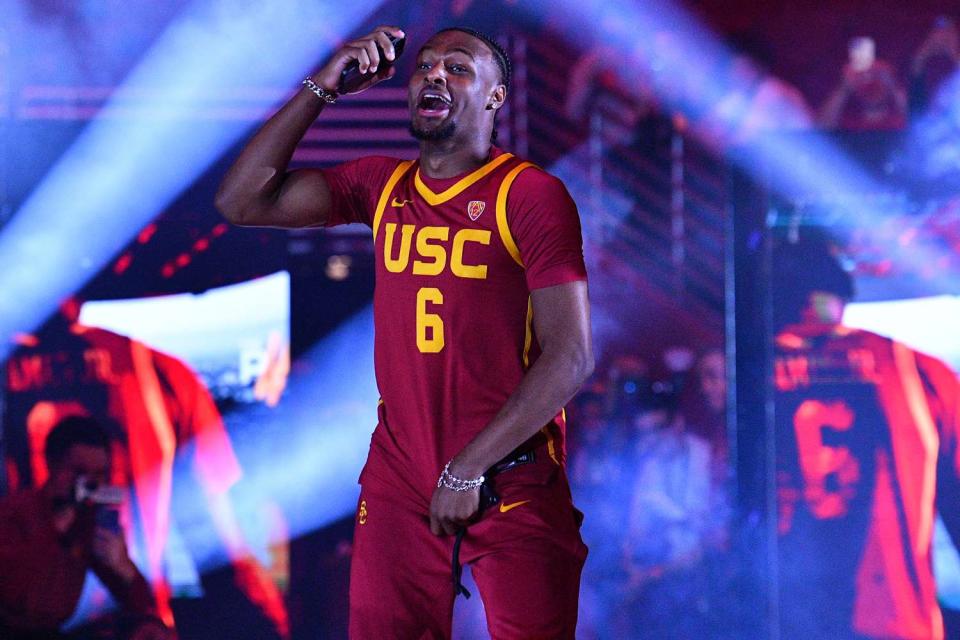 <p>Brian Rothmuller/Icon Sportswire via Getty</p> USC Trojans guard Bronny James (6) is introduced during Trojan HoopLA, a college basketball kickoff event featuring the USC Trojans, on October 19, 2023 at Galen Center in Los Angeles, CA. 
