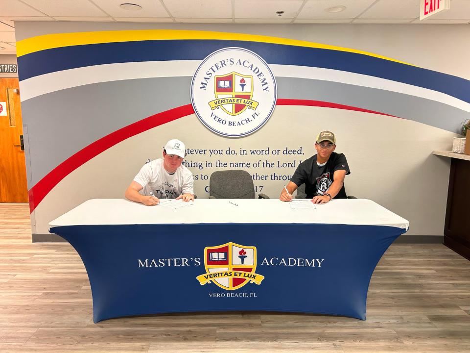 Master's Academy baseball seniors Connor Callery (left) and Mihir Manerikar (right) announced their plans to play college baseball at the next level Wednesday as Callery will play at Williston State College in North Dakota and Manerikar will play at D'Youville College in New York.